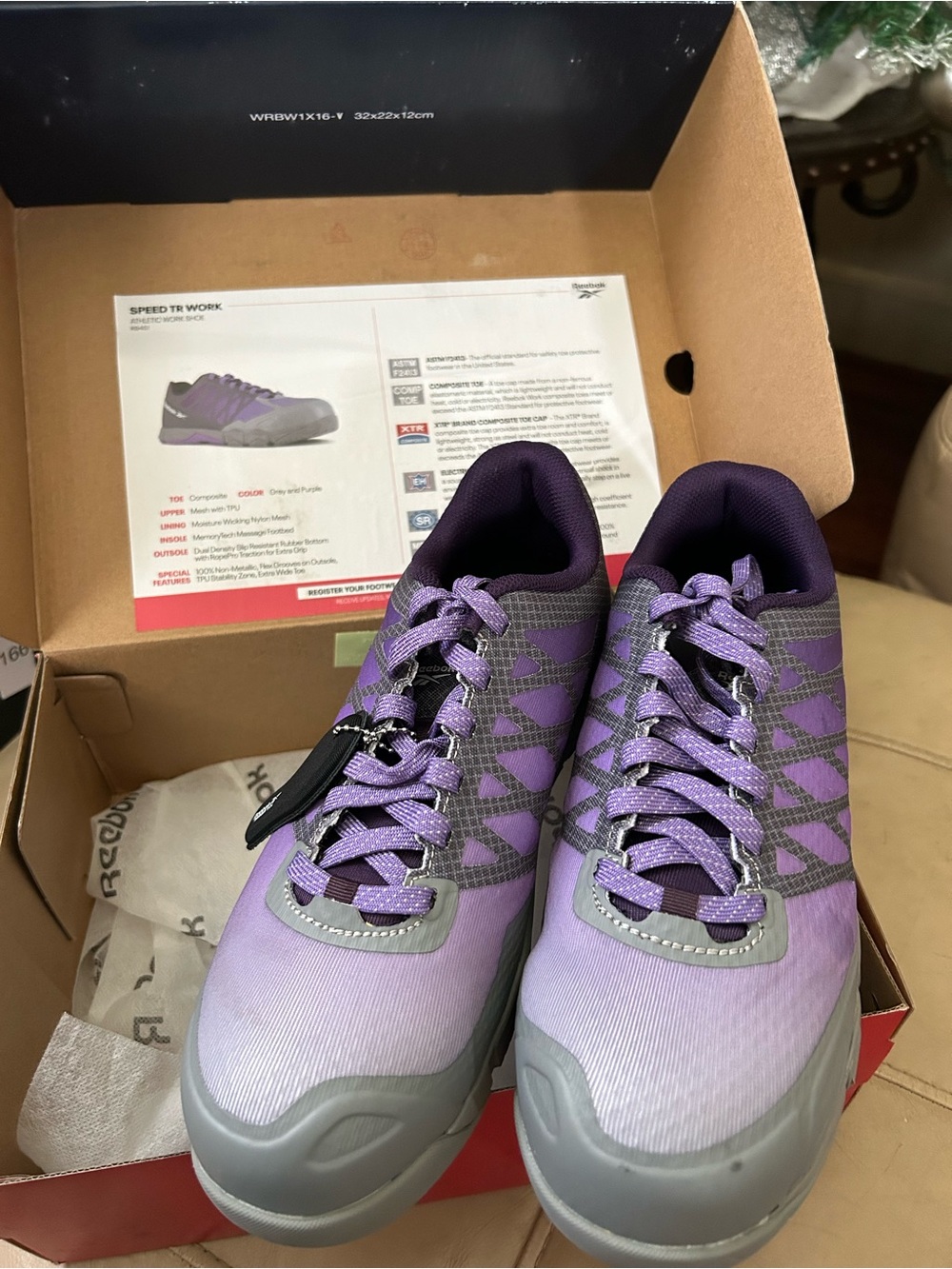 Women’s Reebok Women’s Purple Lace-Up Work Shoes, steel toe, size 10, new in box